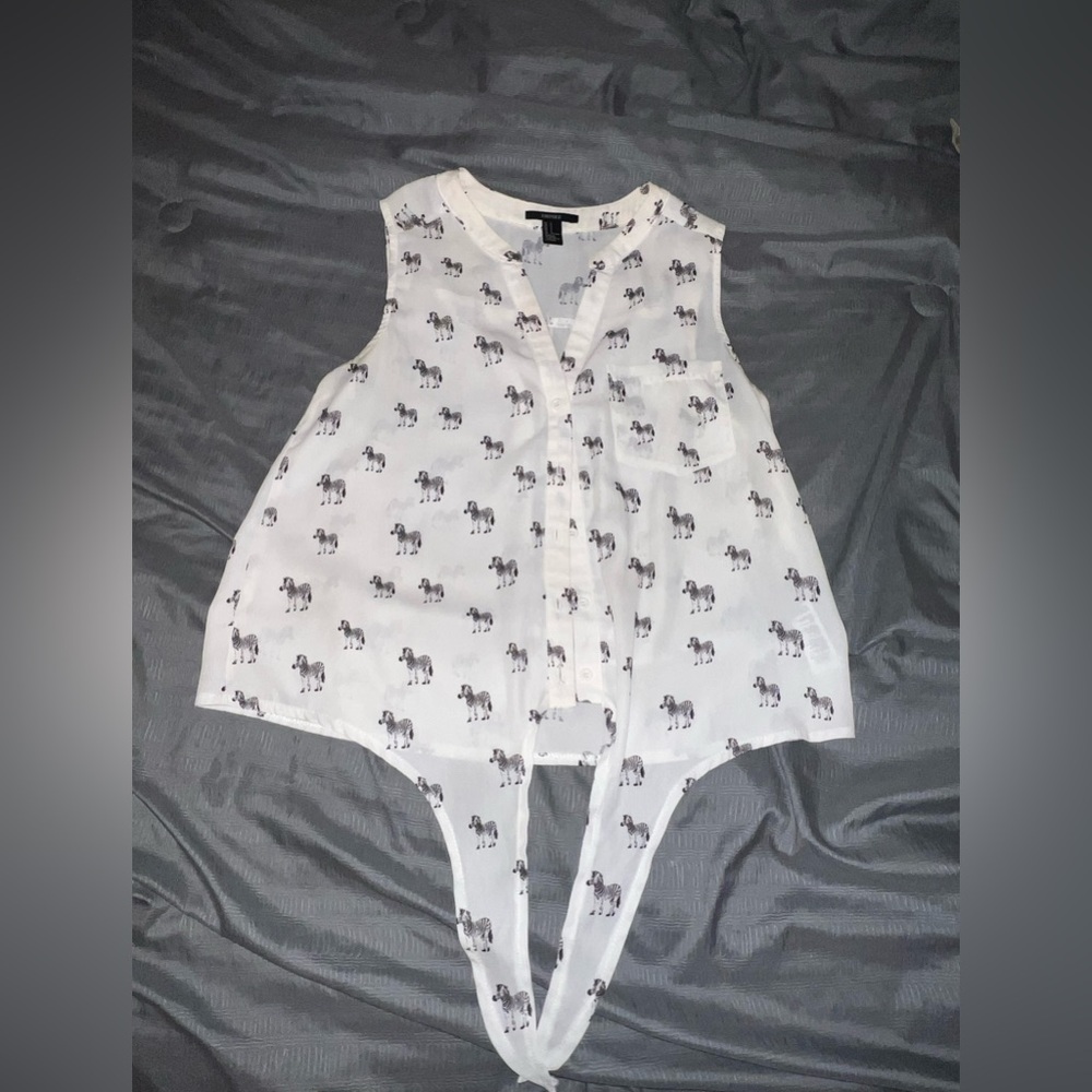 Forever 21 Zebra Print Sleeveless Blouse Button Tie